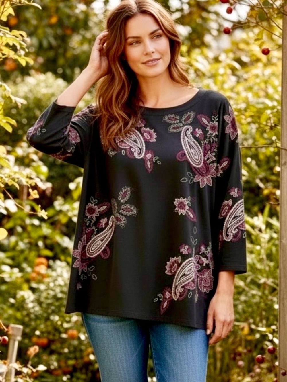 J Jill Embroidered Paisley Floral Ponte Knit Top Petite PL LP Black Boho Casual